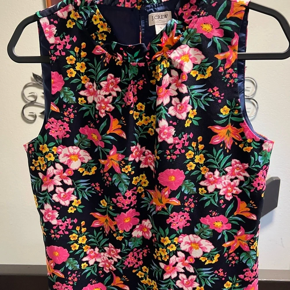 J. Crew Floral Sleeveless Blouse - Pink, Orange, Green on Navy Blue #123